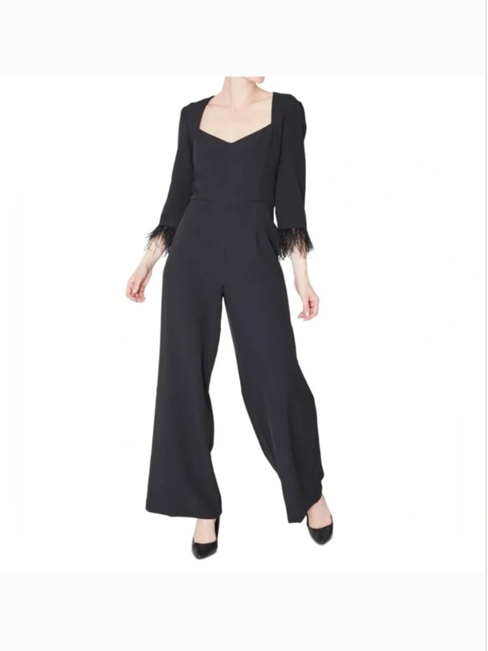 Julia Jordan Black Feather Trim Tailored Wide Leg Jumpsuit Women's size 8